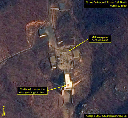 A satellite image of North Korea's Sohae Satellite Launching Station (Tongchang-ri) which Washington-based Stimson Center's 38 North says, "Rebuilding continues at the engine test stand" is seen in this image released from Washington, DC, U.S., March 7, 2019. Courtesy Airbus Defence & Space and 38 North, Pleiades © CNES 2019, Distribution Airbus DS/Handout via REUTERS