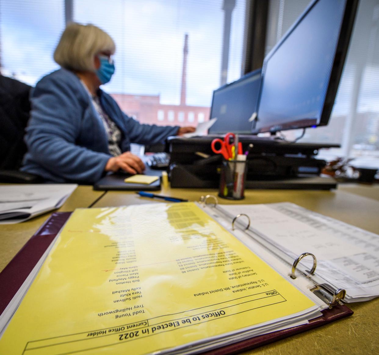 A list of offices to be elected this year sits next to Larime Wilson Wednesday as she works inside the Election Central office on West Seventh Street on Jan. 5, the first day candidates could file for the upcoming election.