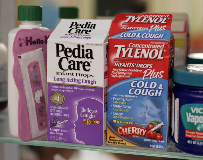 ** FILE ** Concentrated Tylenol Infants' Drops Plus Cold & Cough, right, and Pedia Care Infant Drops Long-Acting Cough, left, is shown in a medicine cabinet of the home of Carol Uyeno in Palo Alto, Calif., Thursday, Oct. 11, 2007. Cold Drug makers voluntarily pulled cold medicines targeted for babies and toddlers off the market Thursday, leaving parents to find alternatives for hacking coughs and runny little noses just as fall sniffles get in full swing. The move represented a pre-emptive strike by over-the-counter drug manufacturers - a week before government advisers were to debate the medicines' fate. But it doesn't end concern about the safety of these remedies for youngsters. (AP Photo/Paul Sakuma)