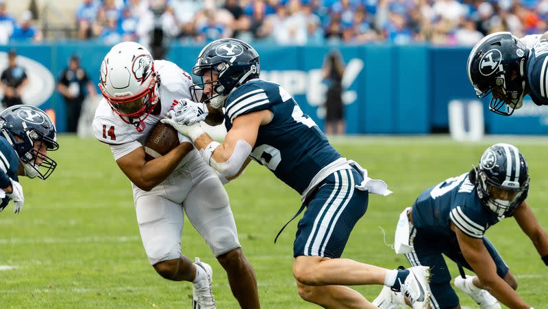 BYU Cougars safety Ethan Slade tackles Southern Utah receiver Zack Mitchell at LaVell Edwards Stadium in Provo on Saturday, Sept. 9, 2023. Beginning Saturday at Arkansas, the sledding for BYU will become appreciably more difficult. 