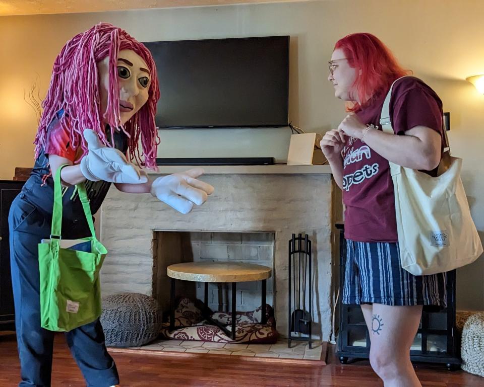 "Mascot," with Colleen Kochensparger, left, as the Mascot and Frances Diederich as Dana, is one of eight works in Theatre Reset's first short play festival taking place Friday through Sunday.