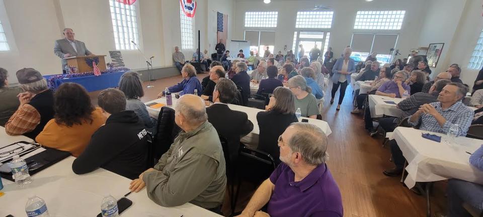 A capacity crowd on April 11, 2024, filled the Plainville Township Hall to hear House Speaker Dan Hawkins talk about Medicaid expansion