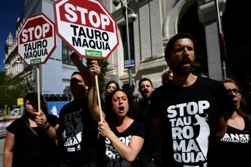 Protesters holding signs reading 'Stop bullfighting' gathered outside Madrid City Hall this month after the San Isidro festival got underway
