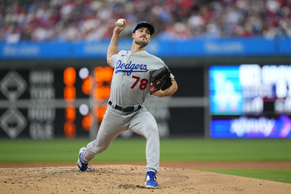 Los Angeles Dodgers' Michael Grove pitches during the first inning of a baseball game against the Philadelphia Phillies, Friday, June 9, 2023, in Philadelphia. (AP Photo/Matt Rourke)
