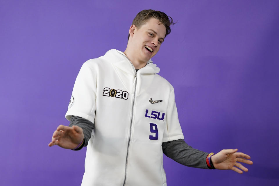 LSU quarterback Joe Burrow poses during media day for NCAA College Football Playoff national championship game Saturday, Jan. 11, 2020, in New Orleans. Clemson is scheduled to play LSU on Monday. (AP Photo/David J. Phillip).