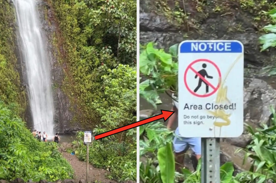 People standing near a waterfall beside a sign that says 