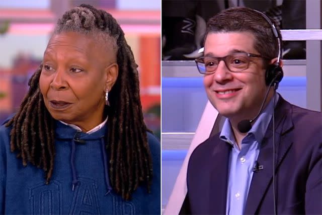 <p>ABC (2)</p> Whoopi Goldberg looks to 'The View' producer Brian Teta after he played her off with Oscars music