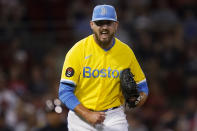 Boston Red Sox relief pitcher John Schreiber reacts after striking out Cleveland Guardians' Josh Naylor in the seventh inning of a baseball game at Fenway Park, Monday, July 25, 2022, in Boston. (AP Photo/Charles Krupa)