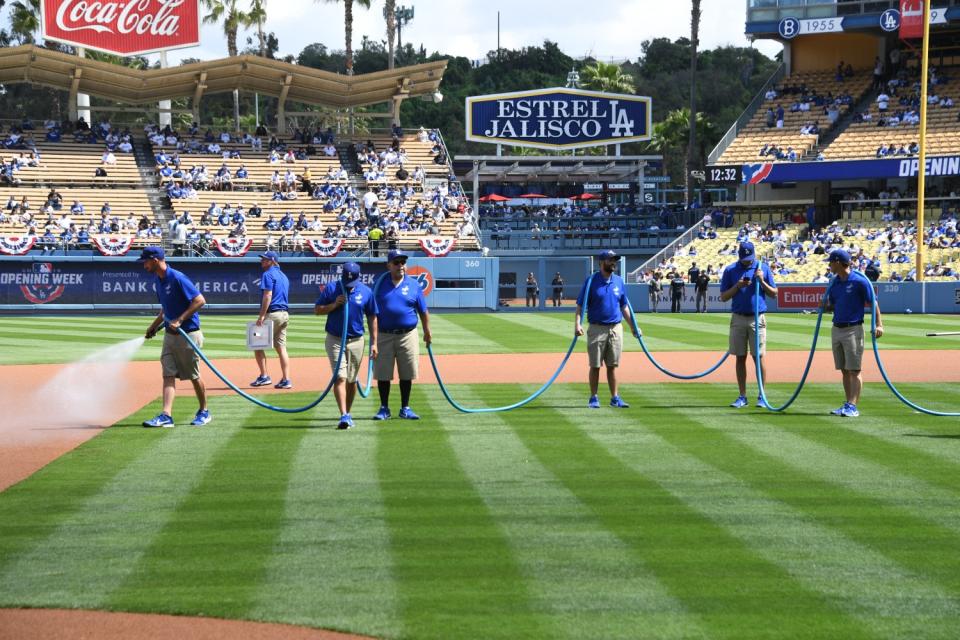 Dodgers groundskeepers work on opening day 2019.
