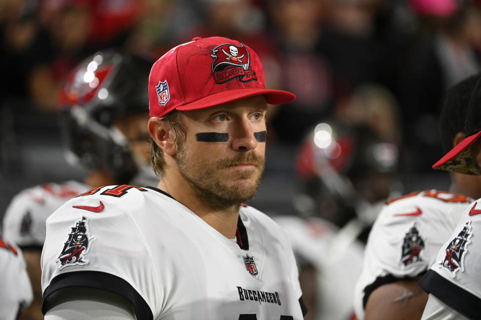 GLENDALE, ARIZONA - DECEMBER 25: Blaine Gabbert #11 of the Tampa Bay Buccaneers prepares for a game against the Arizona Cardinals at State Farm Stadium on December 25, 2022 in Glendale, Arizona. (Photo by Norm Hall/Getty Images)