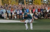 Sergio Garcia of Spain celebrates winning the Masters with a putt on the 18th green during a playoff against Justin Rose of England in the final round of the 2017 Masters golf tournament at Augusta National Golf Club in Augusta, Georgia, U.S., April 9, 2017. REUTERS/Mike Segar