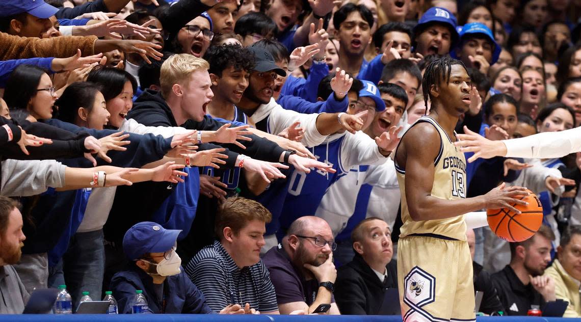 The Cameron Crazies hex Georgia Tech’s Miles Kelly as he waits to inbound the ball during the second half of Duke’s 84-79 victory over Georgia Tech at Cameron Indoor Stadium in Durham on Jan. 13, 2024. Ethan Hyman/ehyman@newsobserver.com