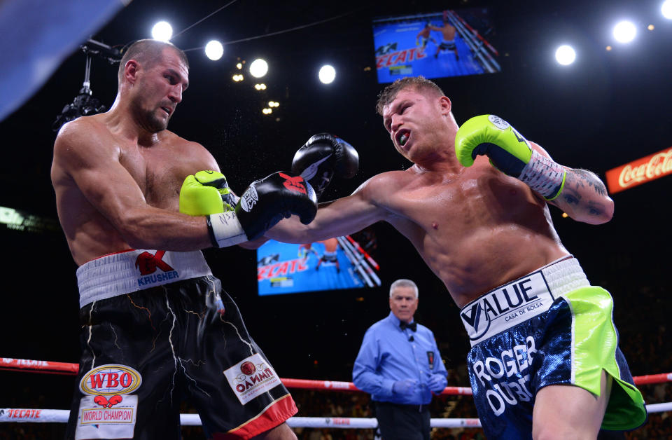 En su única incursión en los Semipesados, Álvarez derrotó a Sergey Kovalev para hacerse del título del mundo OMB. (Joe Camporeale-USA TODAY Sports)