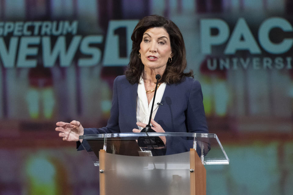 Incumbent Democratic Gov. Kathy Hochul participates in a debate against Republican candidate for New York Governor Lee Zeldin hosted by Spectrum News NY1, Tuesday, Oct. 25, 2022, at Pace University in New York. (AP Photo/Mary Altaffer, Pool)