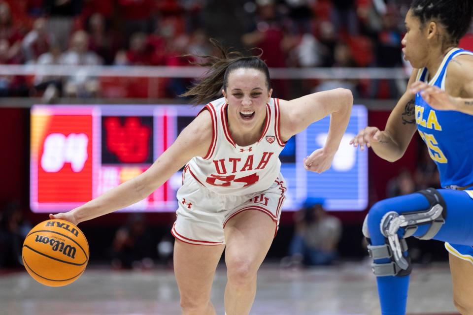 Utah Utes guard, Kennady McQueen (24) drives the ball during a game against the UCLA Bruins at the Huntsman Center in Salt Lake City on Jan. 22, 2024. The Utes won during overtime 94-81. | Marielle Scott, Deseret News