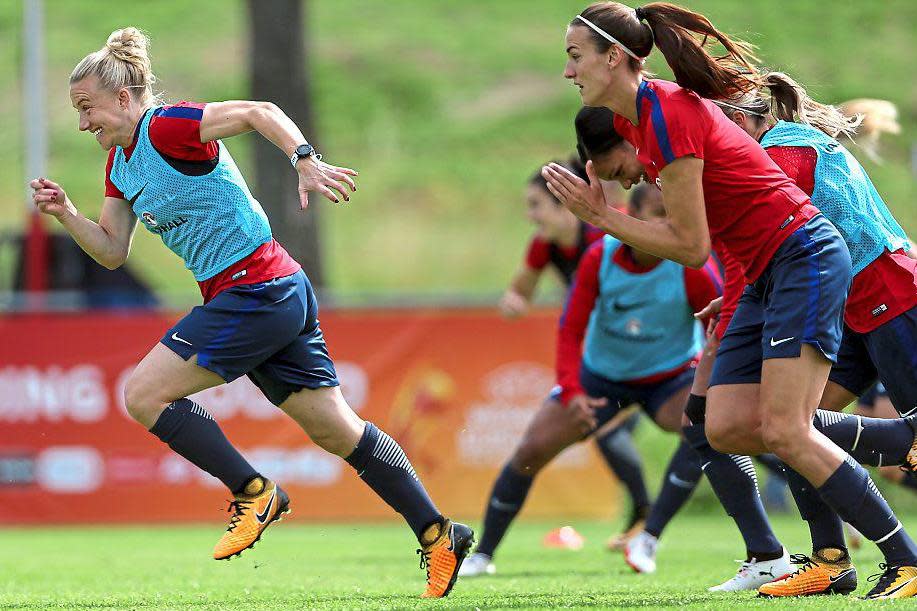 Staying in front | Laura Bassett leads the way in training as she hopes to get her first game at Euro 2017 tonight, against Portugal: Charlotte Wilson for FA/REX