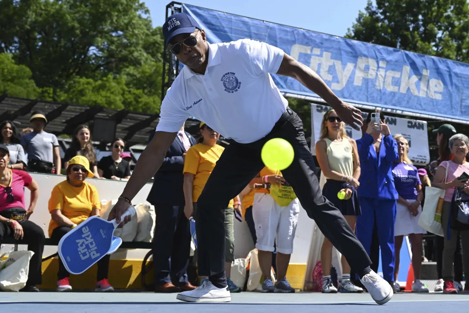 Photo by: NDZ/STAR MAX/IPx 2023 5/31/23 Mayor Eric Adams plays a game of pickleball at City Pickle at Wollman Rink in Central Park on May 31, 2023 in New York City.