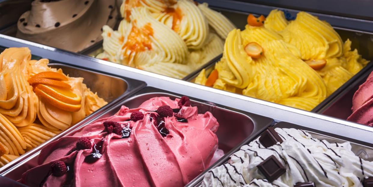 italian gelato of various flavors in ice cream parlor