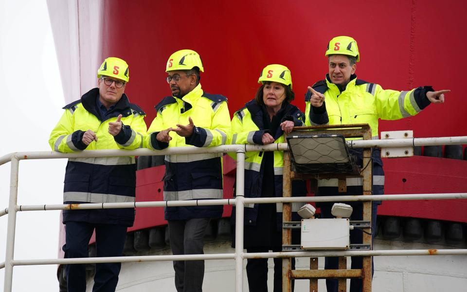 Labour leader Sir Keir Starmer, new Welsh First Minister Vaughan Gething, Shadow Welsh Secretary Jo Stevens and Shadow Energy Secretary Ed Miliband on board the jack-up barge Excalibur during a visit to the Port of Holyhead, in North Wales