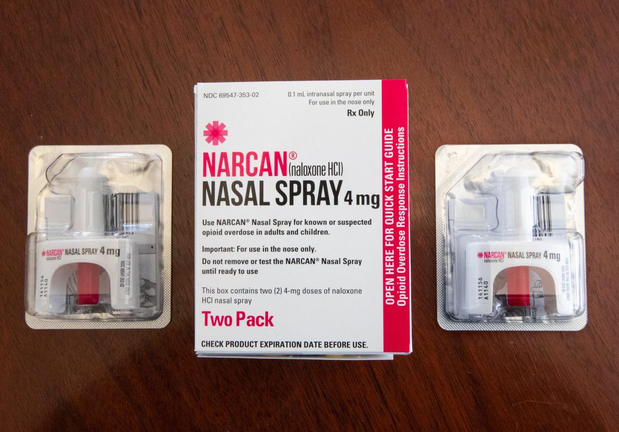 A Narcan nasal spray kit is displayed at the West Allis Fire Department.