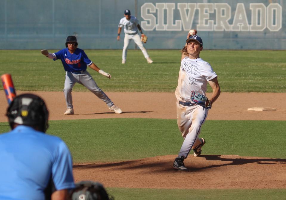 Silverado's Jace Weiss delivers a pitch during the game against Indio in the first round of the CIF-Southern Section Division 7 baseball playoffs on Friday, May 3, 2024.