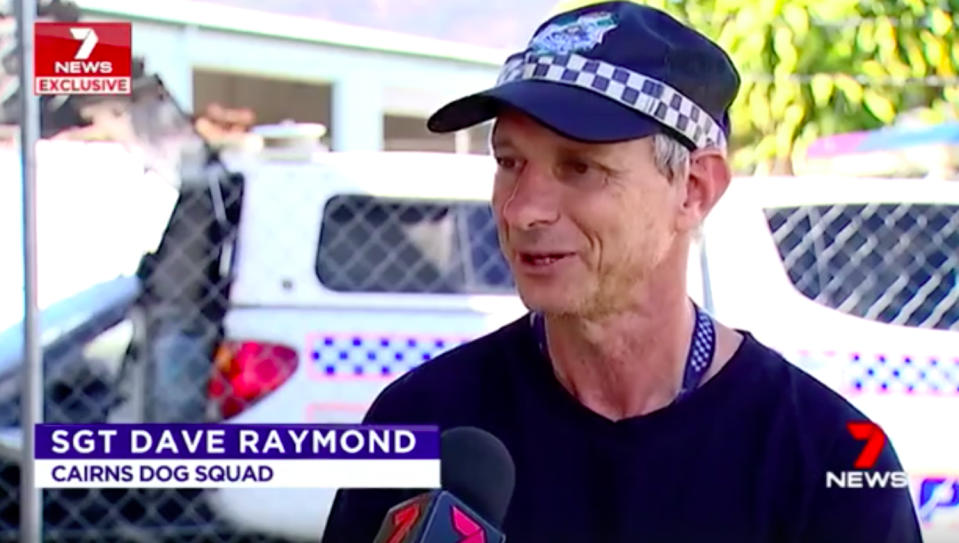 Cairns Dog Squad sergeant Dave Raymond was lucky to survive a snake bite. Source: 7 News