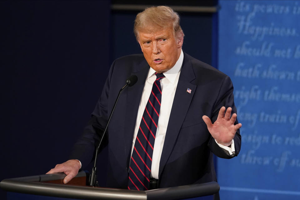 President Donald Trump speaks during the first presidential debate against the Democratic presidential candidate former Vice President Joe Biden,Tuesday, Sept. 29, 2020, at Case Western University and Cleveland Clinic, in Cleveland, Ohio. (AP Photo/Morry Gash, Pool)