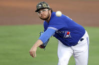 Toronto Blue Jays starting pitcher Anthony Kay throws against the Philadelphia Phillies during the first inning of a baseball game Saturday, May 15, 2021, in Dunedin, Fla. (AP Photo/Mike Carlson)