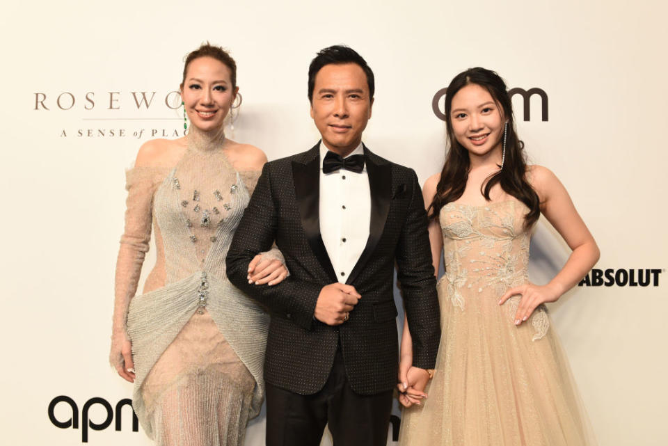 Cissy Wang, Donnie Yen, Jasmine Yen attend the amfAR Gala Hong Kong 2019 at the Rosewood Hong Kong on March 25, 2019 in Hong Kong, Hong Kong.