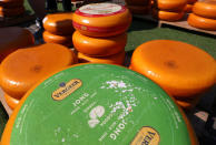 Gouda wheels are pictured at the cheese market in Gouda, Netherlands April 18, 2019. REUTERS/Yves Herman