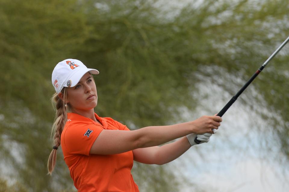 Oklahoma State golfer Maddison Hinson-Tolchard, shown here at previous tournament, is tied for second after 36 holes at the NCAA Regional Tournament at Karsten Creek in Stillwater. She is one shot behind leader Gurleen Kaur of Baylor.