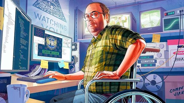 Lester sitting at a computer in some artwork for GTA Online