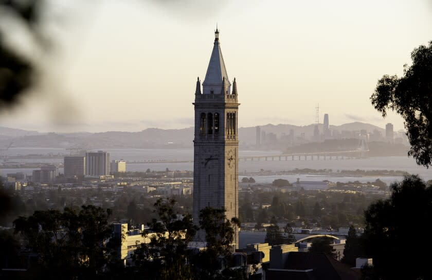 BERKELEY, CA - SEPTEMBER 09, 2019 - Sather Tower, also known as the Campanile, is seen against the backdrop of San Francisco from the UC Berkeley campus in Berkeley, California on Sept. 09, 2019. (Josh Edelson/For the Times)