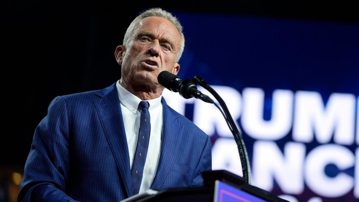 PHOTO: Independent presidential candidate Robert F. Kennedy Jr. speaks as he endorses Republican presidential nominee former President Donald Trump at a campaign rally at the Desert Diamond Arena, Aug. 23, 2024, in Glendale, Arizona. (Evan Vucci/AP)