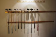 Golf clubs donated by former Match Play and PGA championship winners are displayed near the entrance of the Wentworth Club in Virginia Water, Britain, January 8, 2016. REUTERS/Peter Nicholls