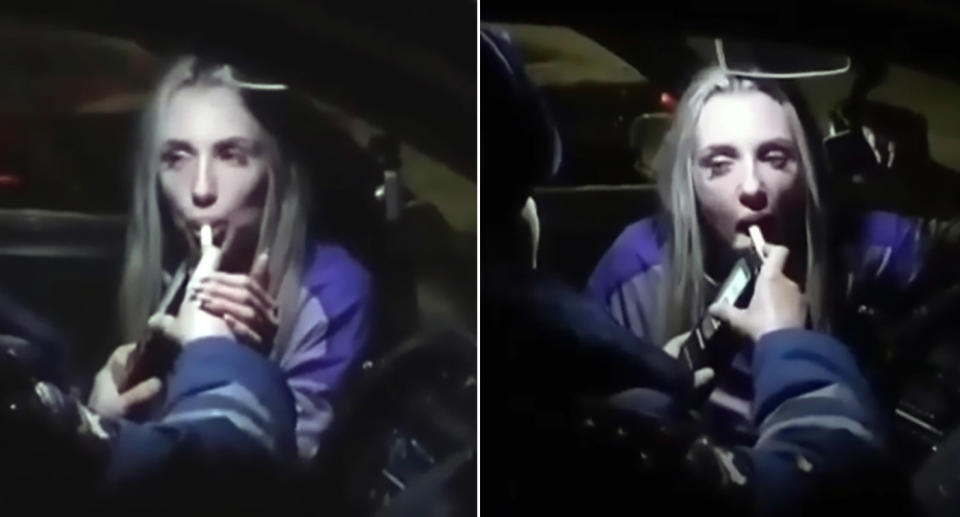 Blonde driver can be seen sucking on the breathalyser. 