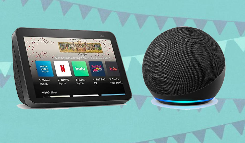 A smart display next to a round smart speaker, on a blue banner background.