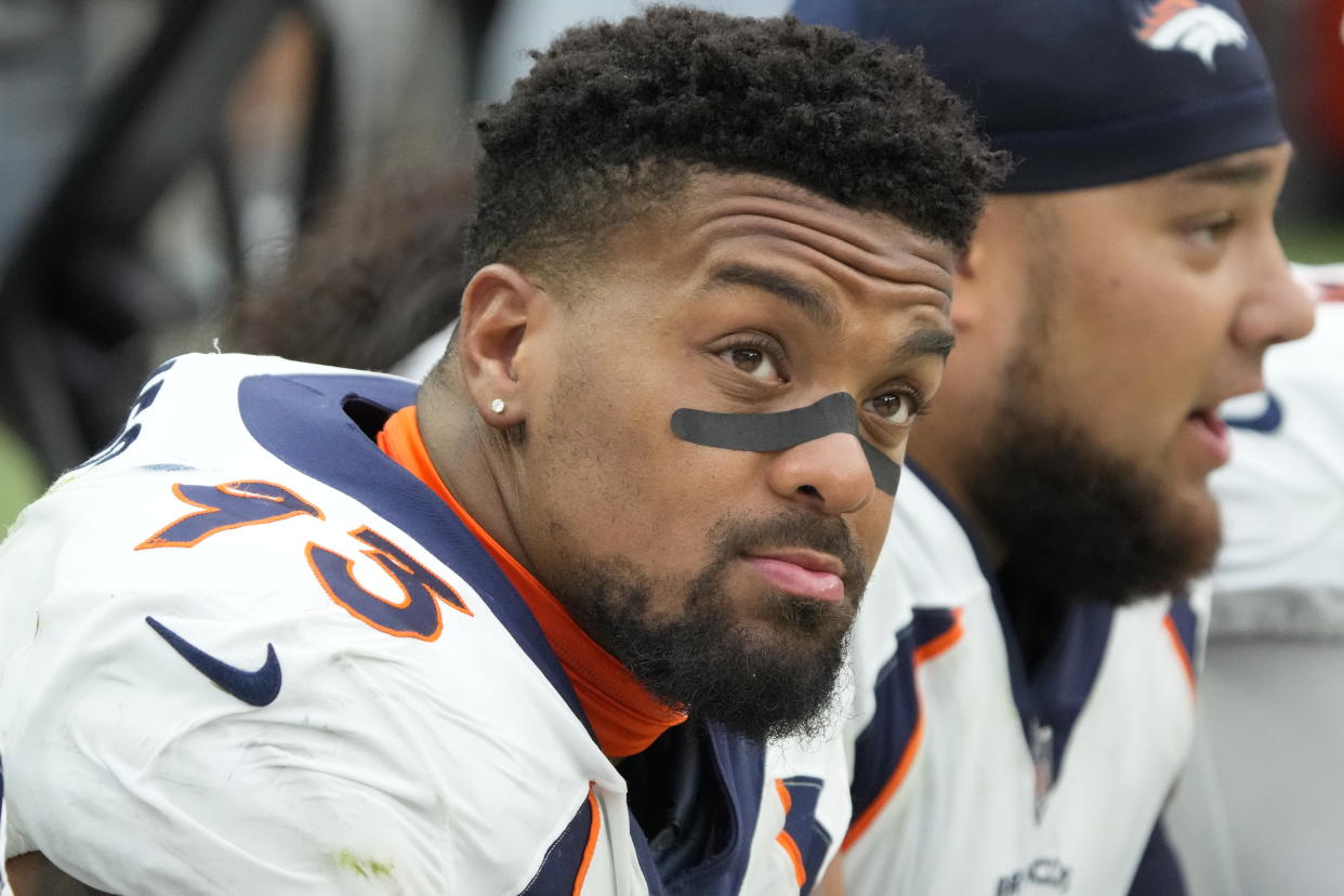 Denver Broncos defensive end Dre'Mont Jones (93) during the first half of an NFL football game against the Las Vegas Raiders, Sunday, Oct 2, 2022, in Las Vegas. (AP Photo/Rick Scuteri)