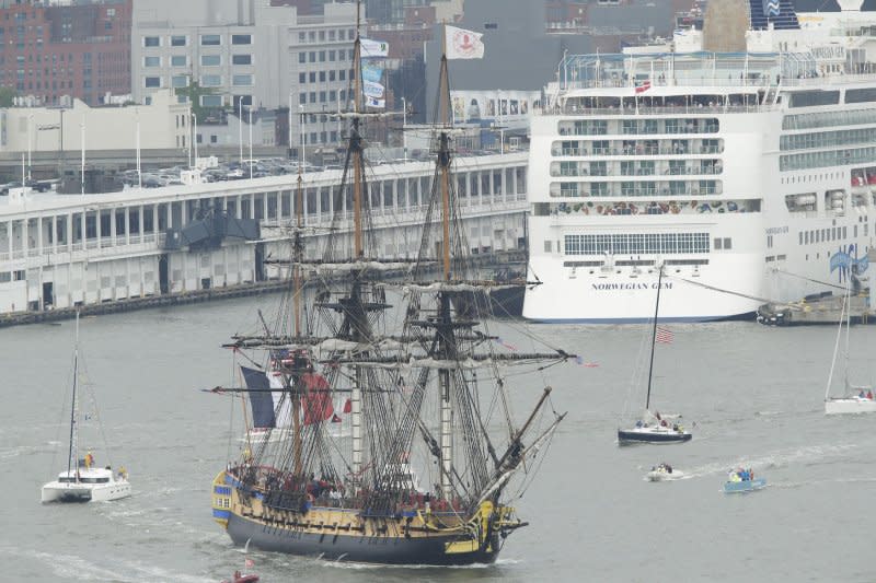 The replica of the French frigate Hermione, which ferried the Marquis de Lafayette to America, passes by midtown Manhattan as it makes its way down the Hudson River in a Parade of Ships in New York City on July 4, 2015. On September 12, 1609, Henry Hudson discovered what is now known as the Hudson River. File Photo by John Angelillo/UPI