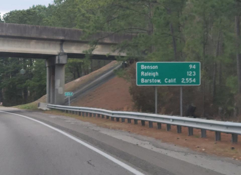 A sign recently went up on Interstate 40 next to the overpass for Murrayville Road that includes the distance to Barstow, California, the western end of I-40. Several signs with just the miles to Barstow were stolen through the years, the last in 2009.