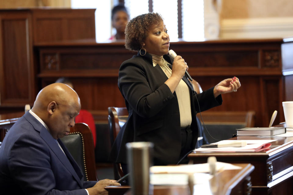 South Carolina state Sen. Tameika Isaac Devine, D-Columbia, asks questions during a debate over gun laws, Thursday, Feb. 1, 2024, in Columbia, S.C. (AP Photo/Jeffrey Collins)