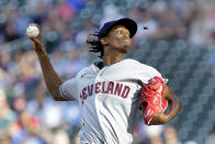 An insect flies near Cleveland Guardians starting pitcher Triston McKenzie, who was pitching to a Minnesota Twins batter during the first inning of a baseball game Wednesday, June 22, 2022, in Minneapolis. (AP Photo/Andy Clayton-King)
