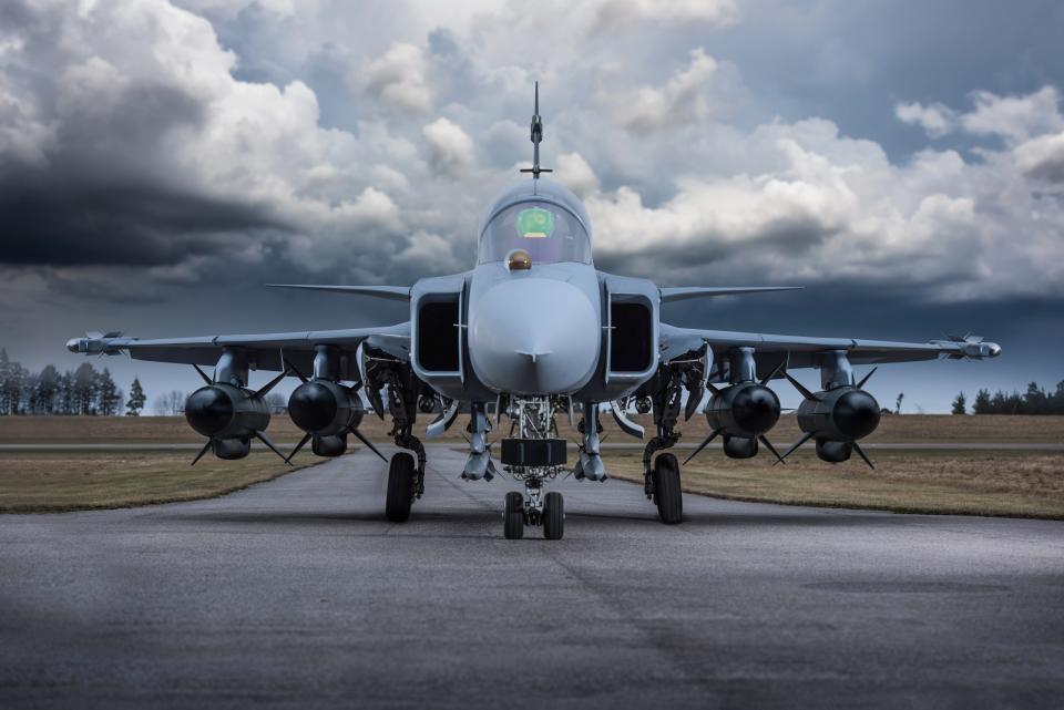 A Gripen E carrying four RBS 15 anti-ship missiles. <em>Saab</em>