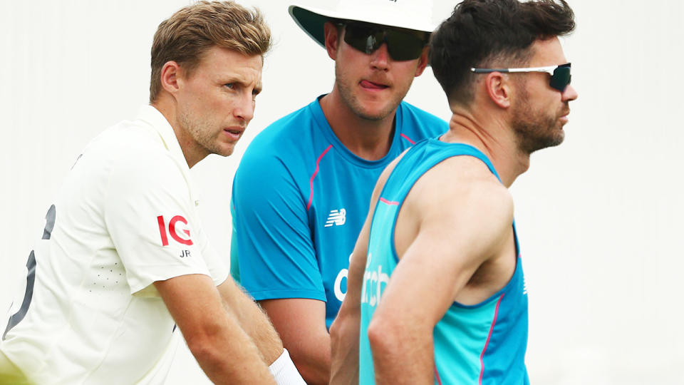 Joe Root, Stuart Broad and James Anderson, pictured here ahead of the first Ashes Test.