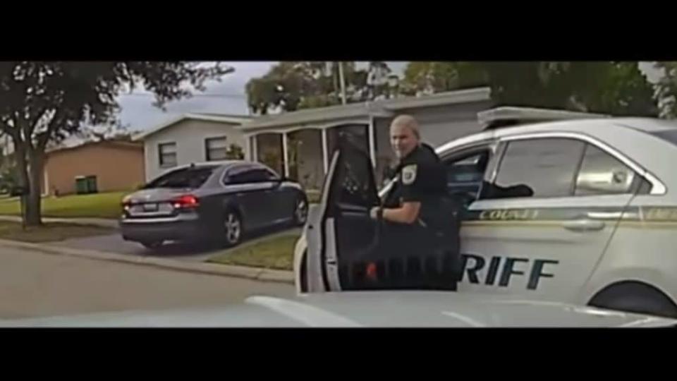 Dashcam footage shows Brevard County Deputy Carson Hendren getting out of her patrol car as Angelo Crooms, 16, and Sincere Pierce, 18, in the other vehicle, turn their car around. (Brevard County Sheriff’s Dept.)