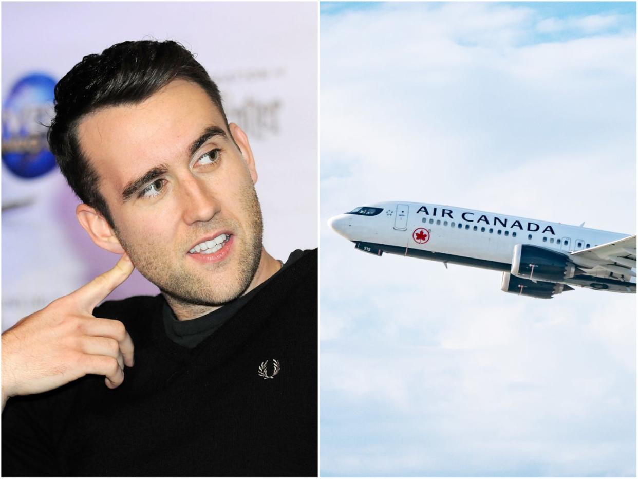 Actor Matthew Lewis next to Air Canada plane