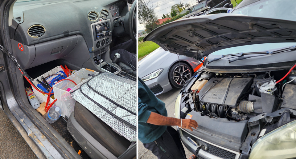 A driver's vehicle in Mt Druitt who had jumper leads running from the bonnet into the passenger side door. 