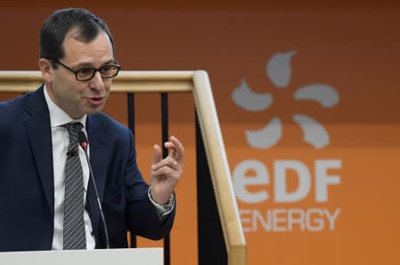 FILE PHOTO: CEO of EDF Energy, Rossispeaks at a news conference near the Hinkley Point C nuclear power station at Cannington in southwest England