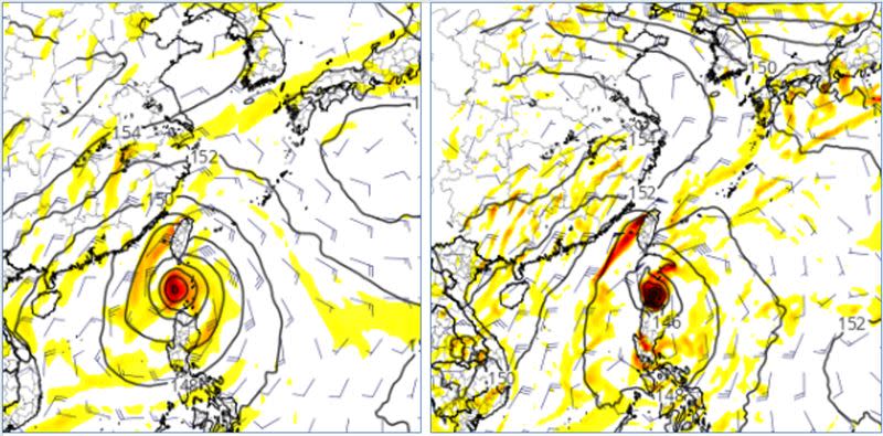 左圖：9日20時歐洲模式模擬下週日，颱風已進入巴士海峽。右圖：9日20時美國模式模擬，時間落後約2天，颱風才進入巴士海峽。(圖擷自tropical tidbits)