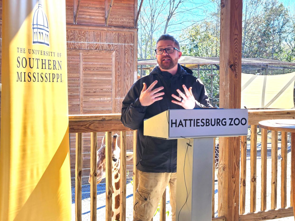 Jeremy Cumpton, director of conservation, education and wildlife at Hattiesburg, Miss., Zoo, talks about the importance of the partnership between the zoo and the University of Southern Mississippi, during a news conference at the zoo, Wednesday, Jan. 31, 2024.